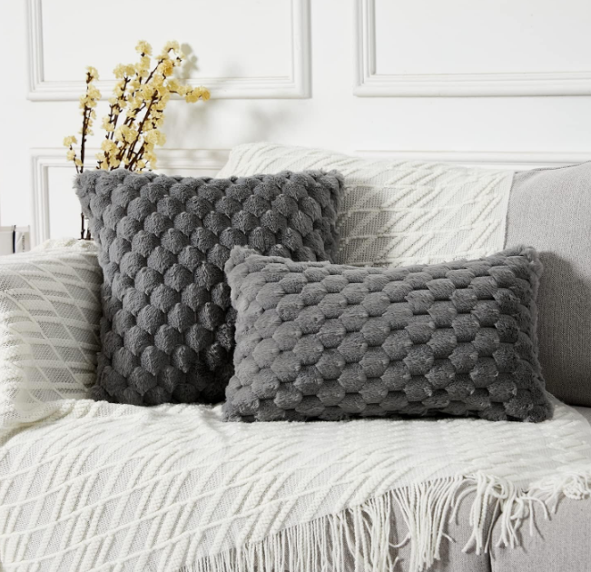 Pack of 2 Super Soft Cozy Decorative Throw Pillow Covers Fuzzy Plush Faux Fur Luxury Cushion Cover Pillowcase for Sofa Couch Bed Livingroom 16x16 Inch Grey