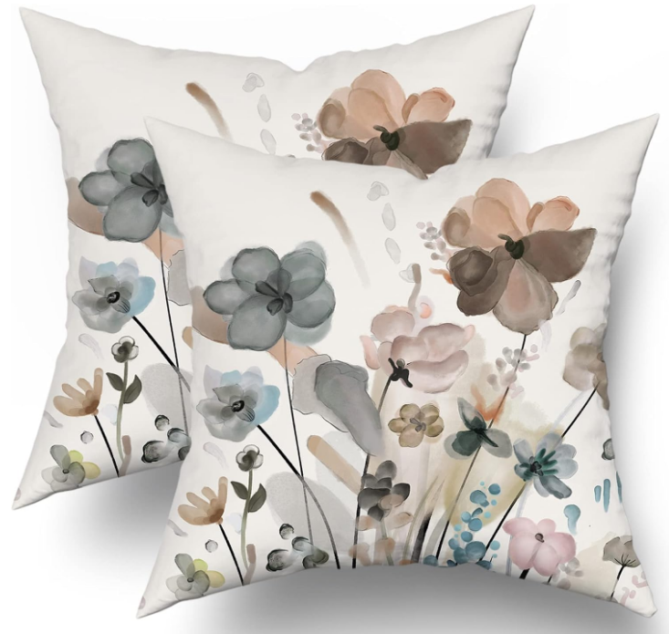 Teal Brown Cream Grey Floral Throw Pillow Covers 18x18 In Watercolor Tan Gray Beige Flowers Decorative Pillow Cases Rustic Abstract Modern Pillowcases Home Decor For Living Room Couch Sofa Set of 2