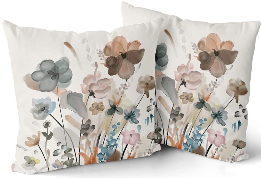 Teal Brown Cream Grey Floral Throw Pillow Covers 18x18 In Watercolor Tan Gray Beige Flowers Decorative Pillow Cases Rustic Abstract Modern Pillowcases Home Decor For Living Room Couch Sofa Set of 2