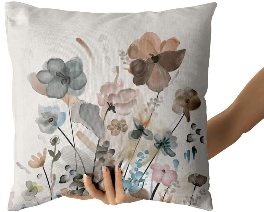 Teal Brown Cream Grey Floral Throw Pillow Covers 18x18 In Watercolor Tan Gray Beige Flowers Decorative Pillow Cases Rustic Abstract Modern Pillowcases Home Decor For Living Room Couch Sofa Set of 2