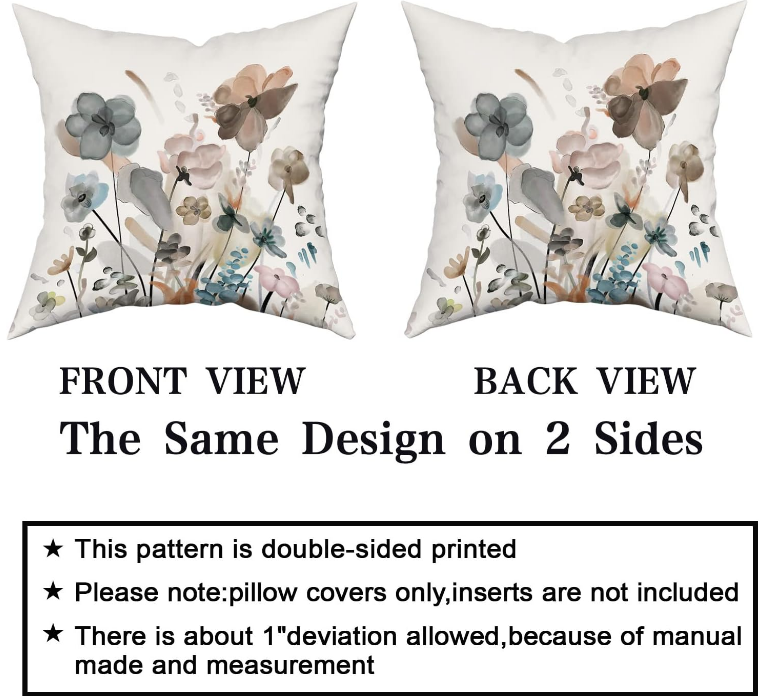 Teal Brown Cream Grey Floral Throw Pillow Covers 18x18 In Watercolor Tan Gray Beige Flowers Decorative Pillow Cases Rustic Abstract Modern Pillowcases Home Decor For Living Room Couch Sofa Set of 2