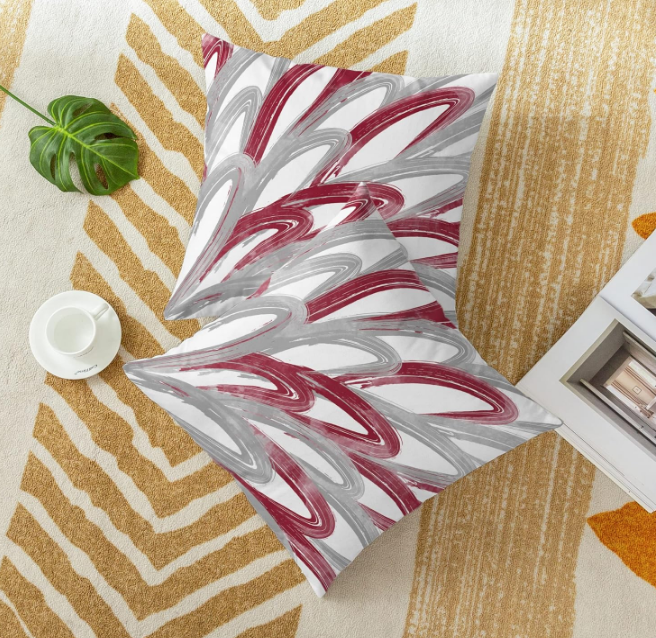 Throw Pillow Cases Pack of 2 Cozy Fleece Two-Tone Abstract Feather Decorative Cushion Covers for Couch Bed Sofa Farmhouse Decoration 16 X 16 Inches Burgundy Grey