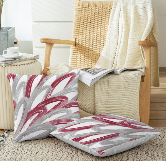 Throw Pillow Cases Pack of 2 Cozy Fleece Two-Tone Abstract Feather Decorative Cushion Covers for Couch Bed Sofa Farmhouse Decoration 16 X 16 Inches Burgundy Grey