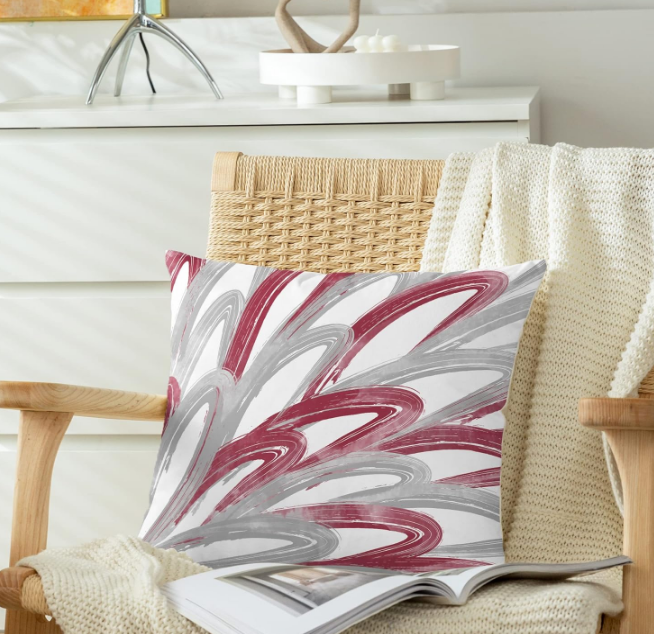 Throw Pillow Cases Pack of 2 Cozy Fleece Two-Tone Abstract Feather Decorative Cushion Covers for Couch Bed Sofa Farmhouse Decoration 16 X 16 Inches Burgundy Grey