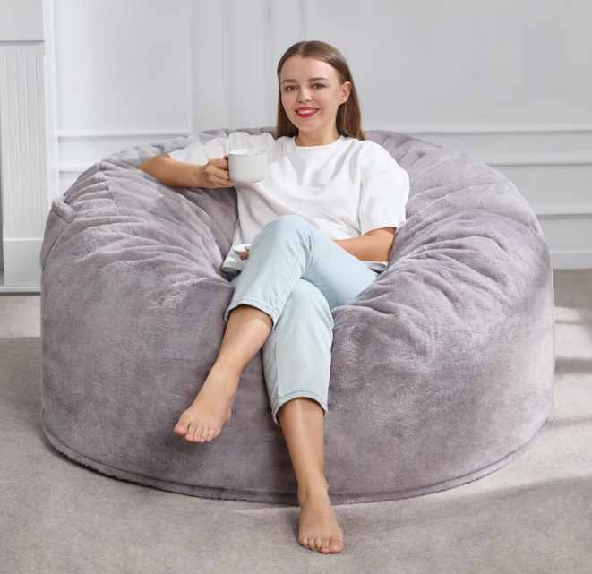 4ft Bean Bag Chairs for Adults Large Beanbag Chair with Plush Faux Fur Cover Big Bean Bag Chair for Living Room Bedroom Dorm Office - Grey (44” x 44” x 24”)