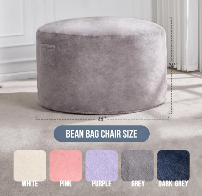 4ft Bean Bag Chairs for Adults Large Beanbag Chair with Plush Faux Fur Cover Big Bean Bag Chair for Living Room Bedroom Dorm Office - Grey (44” x 44” x 24”)