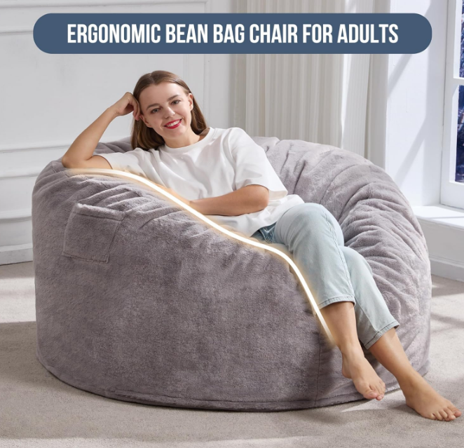 4ft Bean Bag Chairs for Adults Large Beanbag Chair with Plush Faux Fur Cover Big Bean Bag Chair for Living Room Bedroom Dorm Office - Grey (44” x 44” x 24”)
