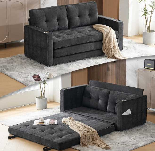 Upgraded 64" W 84" L Full Size Futon Sofa Bed, 6" Thick Upholstery Chenille Loveseat Sofa Sleeper Pull Out Couch,Convertible Floor Couch for Living Room, Bedroom, Entertainment Room, Dark Grey