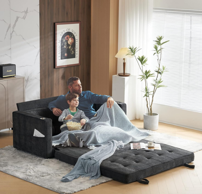 Upgraded 64" W 84" L Full Size Futon Sofa Bed, 6" Thick Upholstery Chenille Loveseat Sofa Sleeper Pull Out Couch,Convertible Floor Couch for Living Room, Bedroom, Entertainment Room, Dark Grey