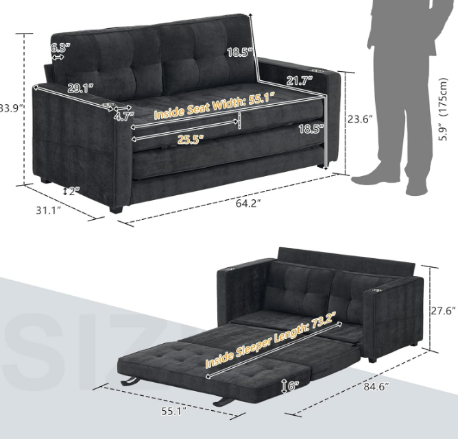 Upgraded 64" W 84" L Full Size Futon Sofa Bed, 6" Thick Upholstery Chenille Loveseat Sofa Sleeper Pull Out Couch,Convertible Floor Couch for Living Room, Bedroom, Entertainment Room, Dark Grey