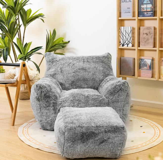 Bean Bag Chair with Ottoman, Armrest Bean Bag Chair with Filler, Ultra Soft Fluffy Faux Fur Bean Bag Chair with Foot Rest, Plush Lazy Sofa with Foot Stool for Living Room, Dorm