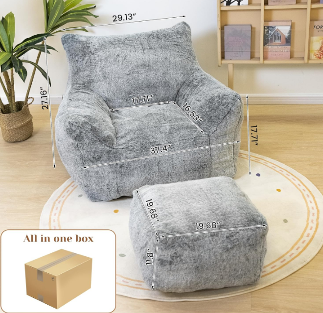 Bean Bag Chair with Ottoman, Armrest Bean Bag Chair with Filler, Ultra Soft Fluffy Faux Fur Bean Bag Chair with Foot Rest, Plush Lazy Sofa with Foot Stool for Living Room, Dorm