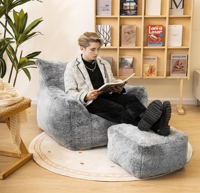 Bean Bag Chair with Ottoman, Armrest Bean Bag Chair with Filler, Ultra Soft Fluffy Faux Fur Bean Bag Chair with Foot Rest, Plush Lazy Sofa with Foot Stool for Living Room, Dorm