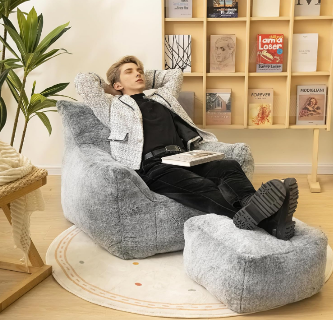 Bean Bag Chair with Ottoman, Armrest Bean Bag Chair with Filler, Ultra Soft Fluffy Faux Fur Bean Bag Chair with Foot Rest, Plush Lazy Sofa with Foot Stool for Living Room, Dorm