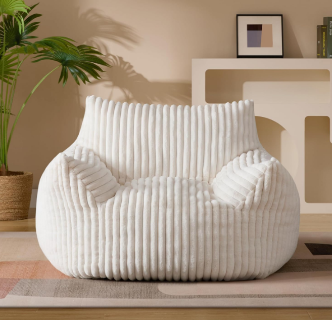 Plush Bean Bag Chair for Adults with Armrests - Oversized Comfy Beige Beanbag Lounge Lazy Floor Sofa Chair for Living Room, Bedroom & Dorm, Cozy Fluffy Single Cloud Mini Couch