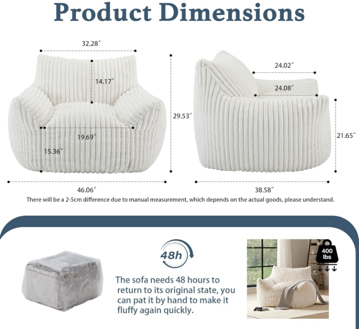 Plush Bean Bag Chair for Adults with Armrests - Oversized Comfy Beige Beanbag Lounge Lazy Floor Sofa Chair for Living Room, Bedroom & Dorm, Cozy Fluffy Single Cloud Mini Couch