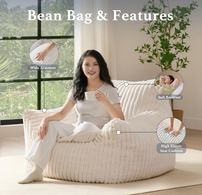 Plush Bean Bag Chair for Adults with Armrests - Oversized Comfy Beige Beanbag Lounge Lazy Floor Sofa Chair for Living Room, Bedroom & Dorm, Cozy Fluffy Single Cloud Mini Couch
