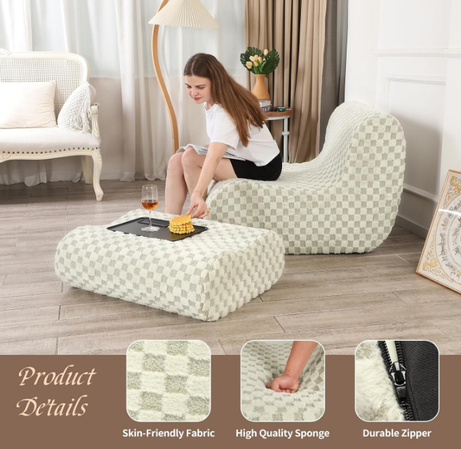 Accent Bean Bag Chair with Footstool, Modern Lazy Sofa Chair with Comfy Jacquard Shaggy Plush, Green