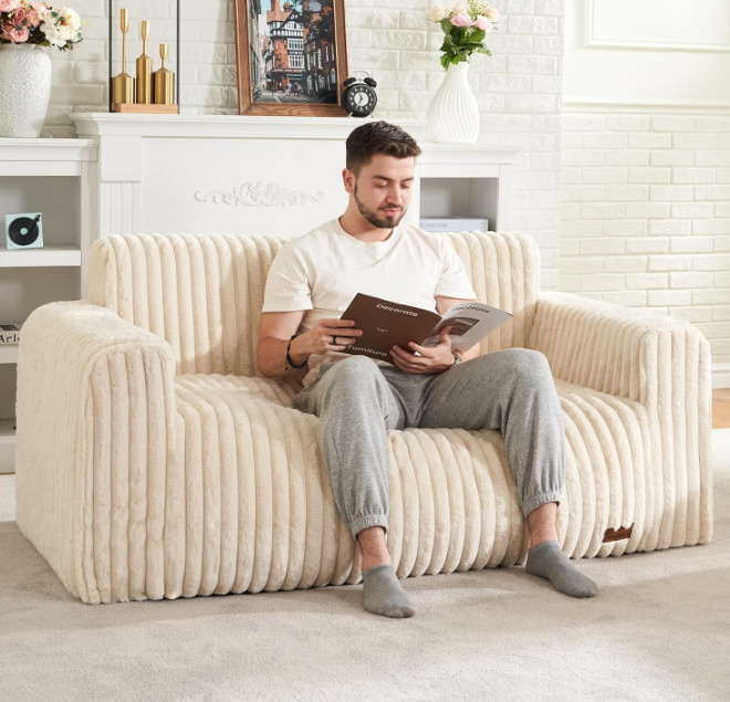 Big Bean Bag Chairs for Adults Bean Bag Chair with Armrest Plush BeanBag Sofa Couch Comfy Chair Foam Loveseat Sofa with Handle for Living Room, Bedroom, Apartment, Dorms, Beige