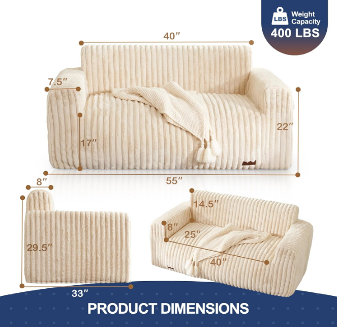 Big Bean Bag Chairs for Adults Bean Bag Chair with Armrest Plush BeanBag Sofa Couch Comfy Chair Foam Loveseat Sofa with Handle for Living Room, Bedroom, Apartment, Dorms, Beige