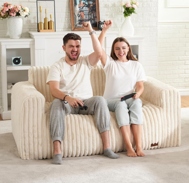 Big Bean Bag Chairs for Adults Bean Bag Chair with Armrest Plush BeanBag Sofa Couch Comfy Chair Foam Loveseat Sofa with Handle for Living Room, Bedroom, Apartment, Dorms, Beige