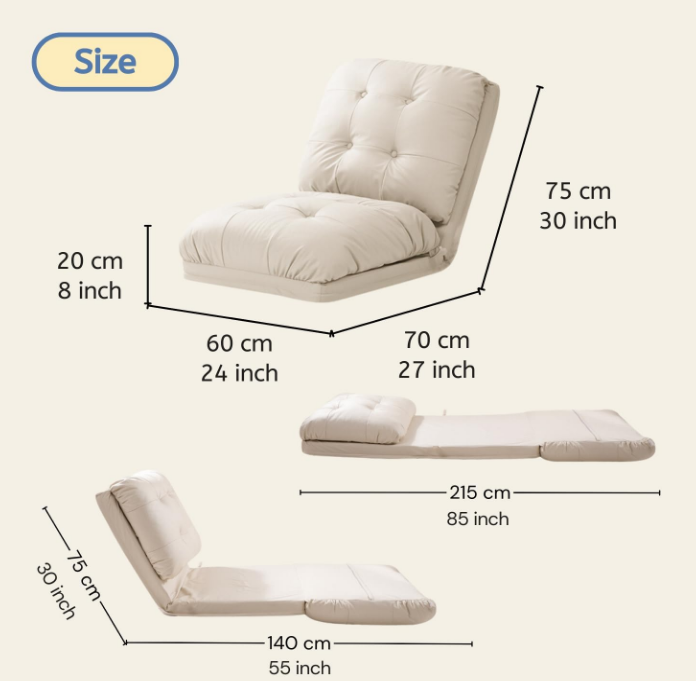 Floor Chair, Sofa Bed, Covertible Flip Chair, Floor Lounge Chair with Back Support, Lazy Sofa Bed for Adults, Adjustable Recliner Chair with 5 Position for Living Room (Beige)
