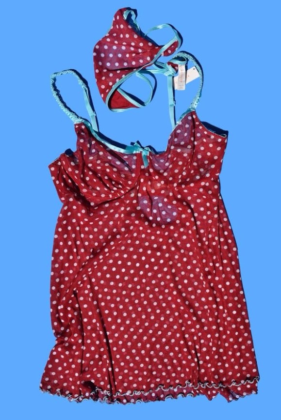 Y2K 2000s Red Polka Dot Sheer Mesh Babydoll & Thong Set with Teal Trim