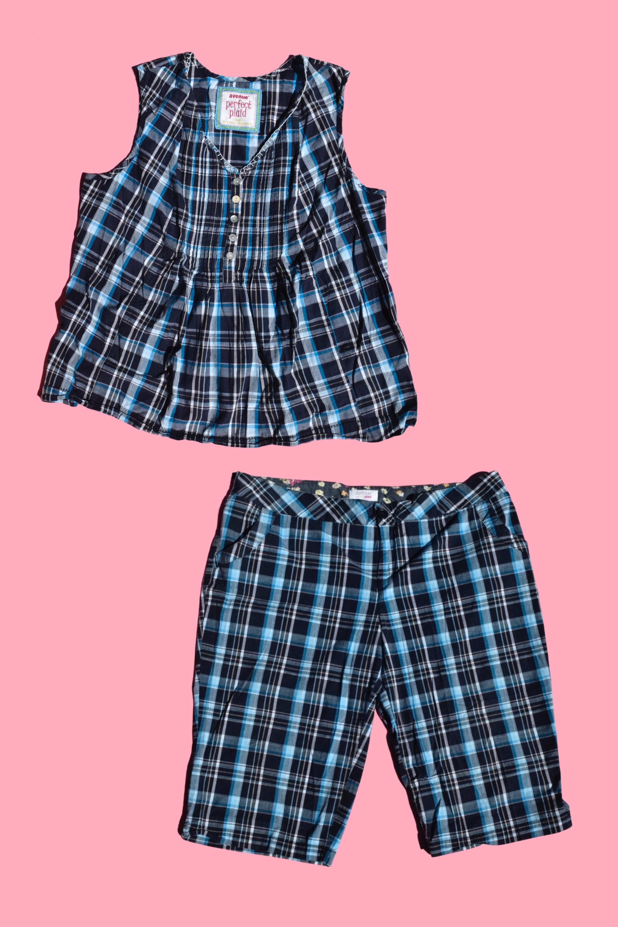 Blue Plaid Two-Piece Sleeveless Button-Down Top & Matching Shorts Set