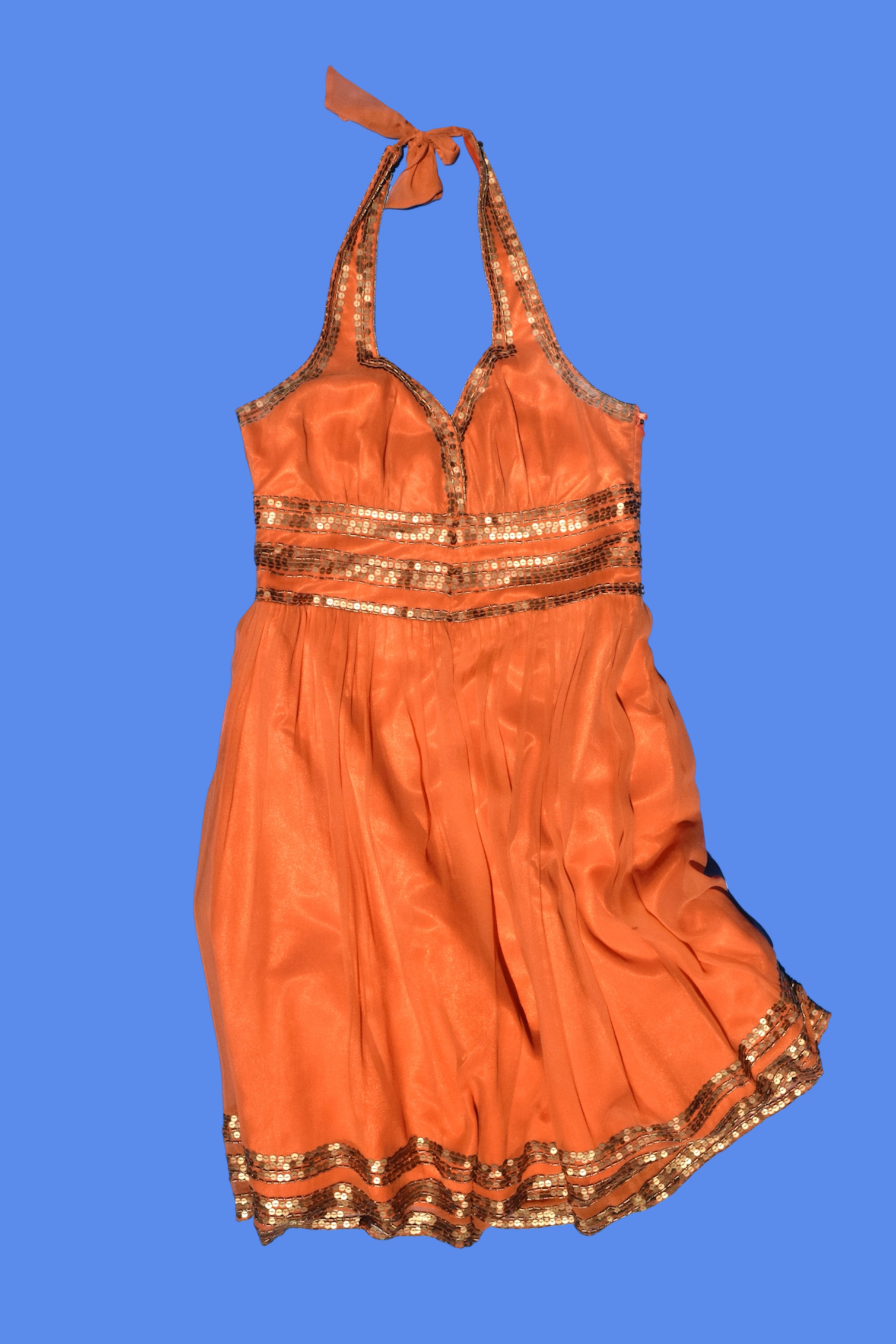 2000s Orange Silk Sequin Halter Dress