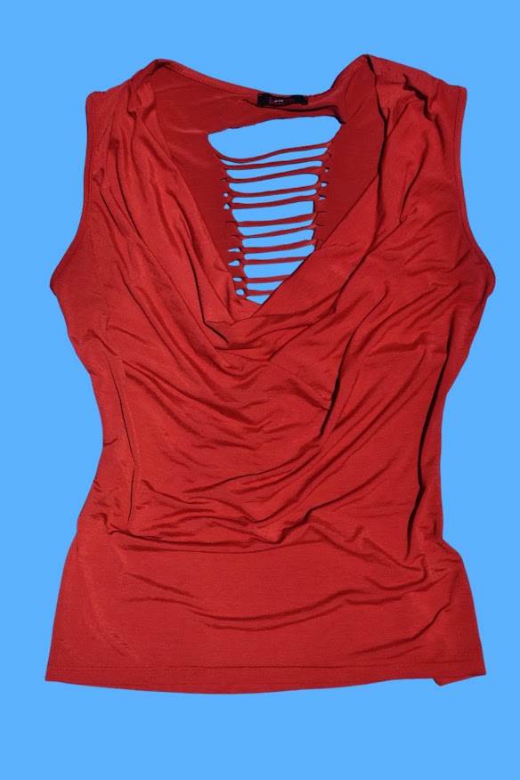 2010s Red Cowl Neck Shredded Draped Tank Top