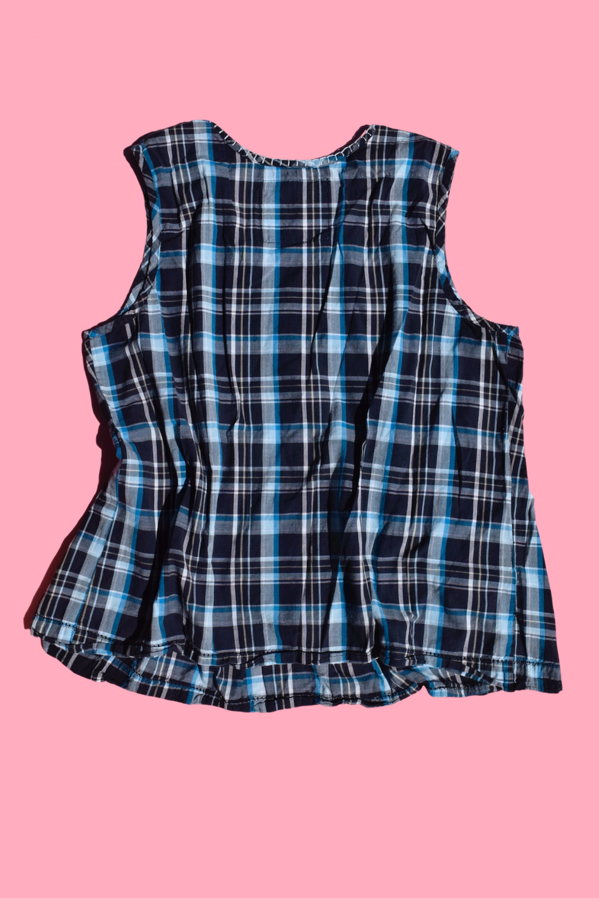 Blue Plaid Two-Piece Sleeveless Button-Down Top & Matching Shorts Set