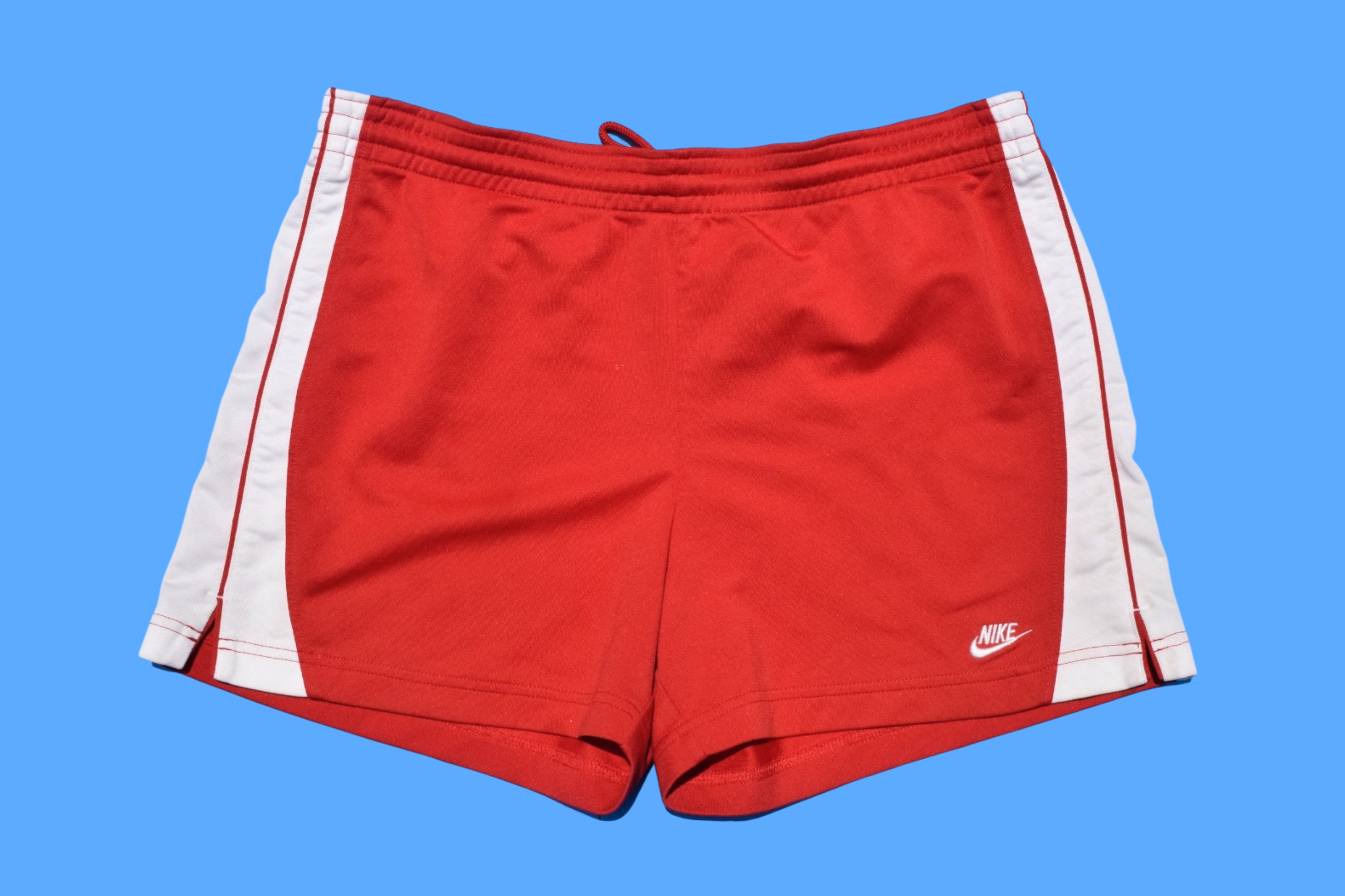 2007 Nike Red Athletic White Side Stripes Spellout Logo Shorts