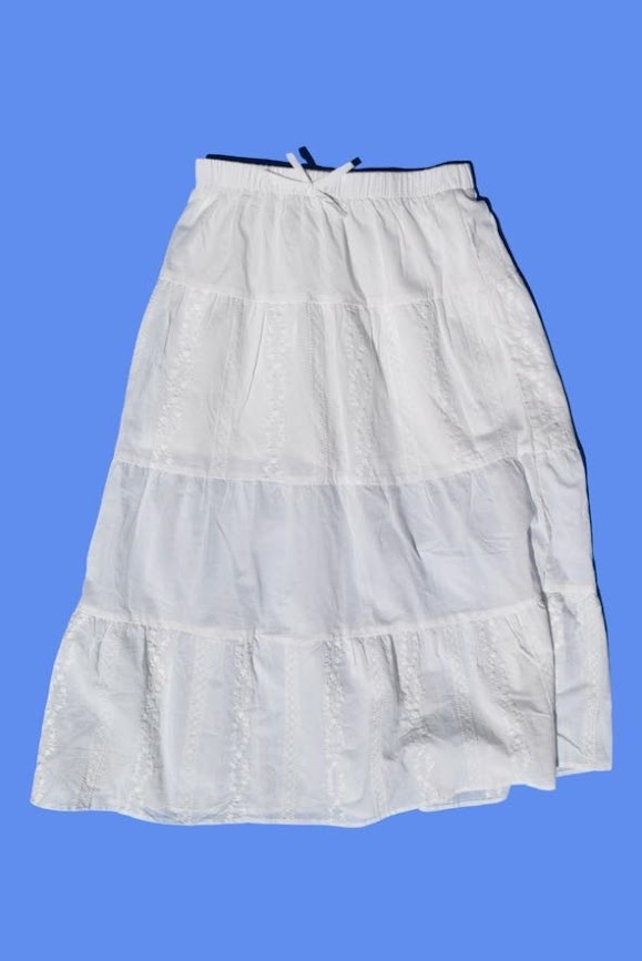 White Cotton  Embroidered Tiered  Midi Length Skirt 