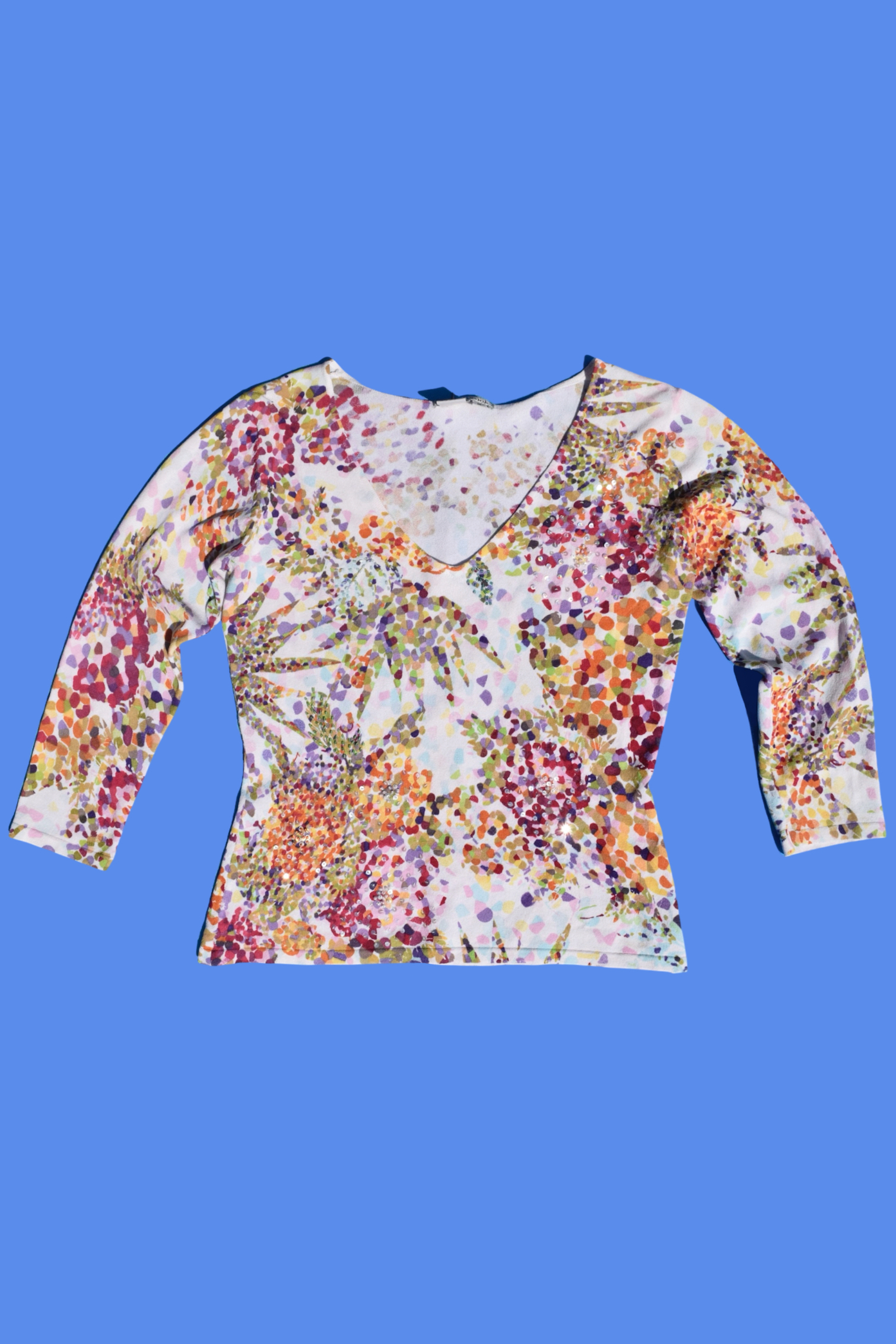 Y2K 2000s Multicolor Abstract Floral Knit Top with Quarter Length Sleeve