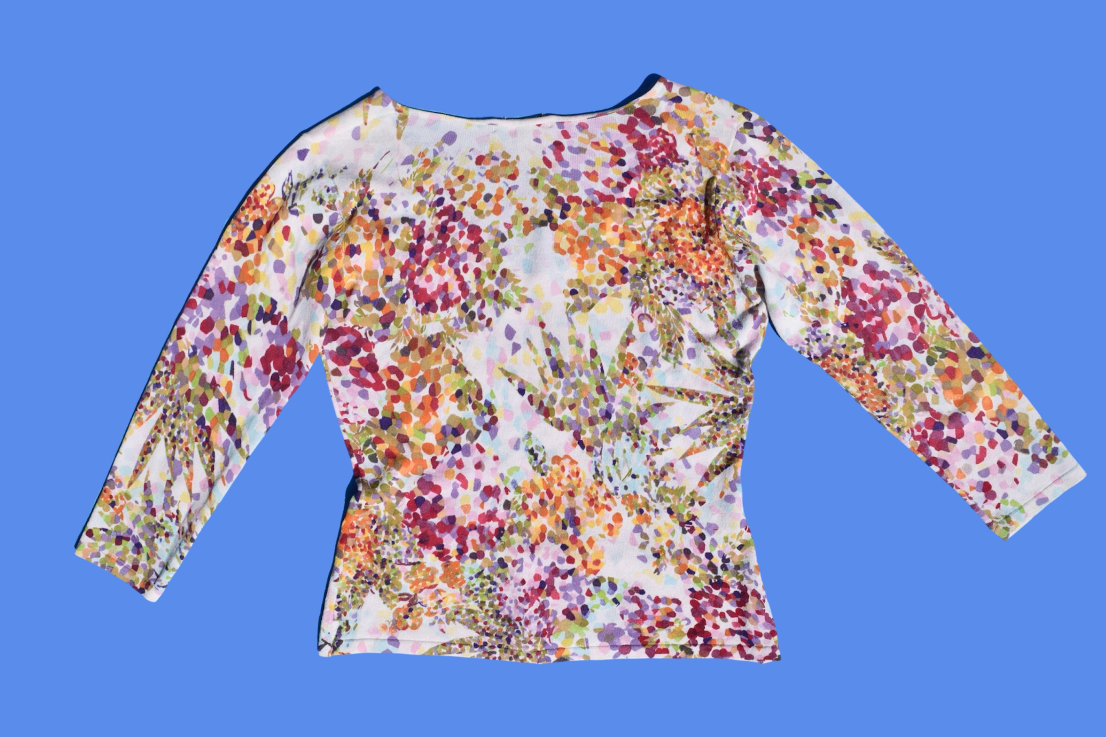 Y2K 2000s Multicolor Abstract Floral Knit Top with Quarter Length Sleeve