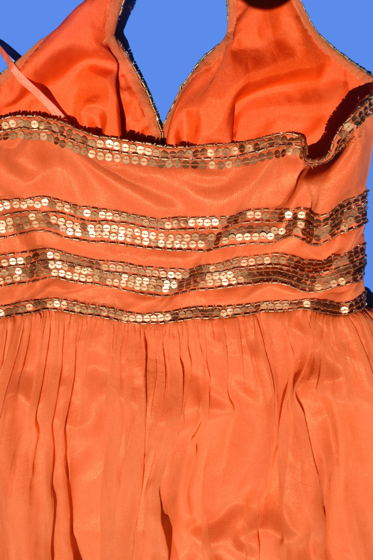 2000s Orange Silk Sequin Halter Dress