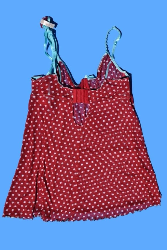 Y2K 2000s Red Polka Dot Sheer Mesh Babydoll & Thong Set with Teal Trim