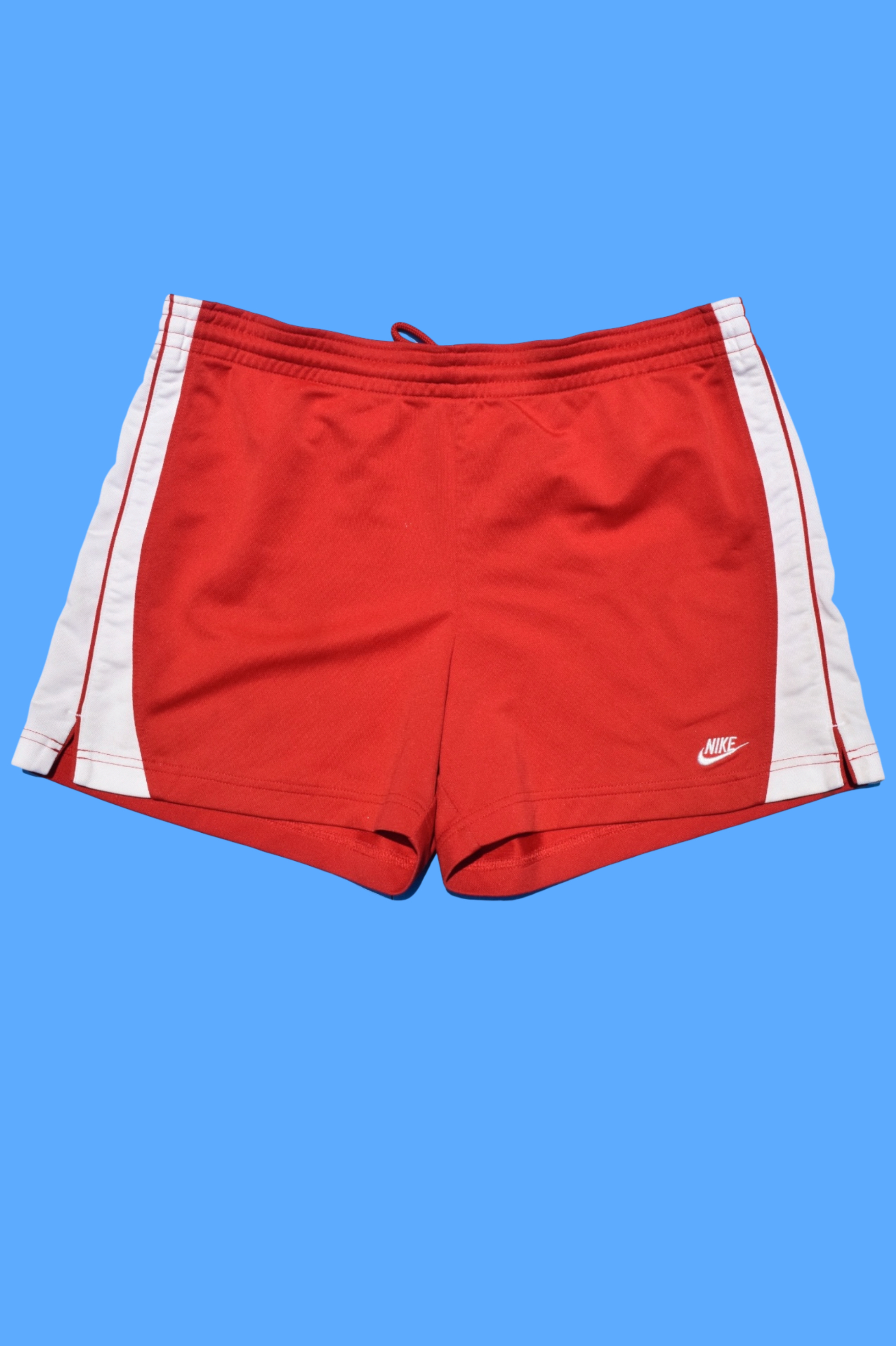 2007 Nike Red Athletic White Side Stripes Spellout Logo Shorts