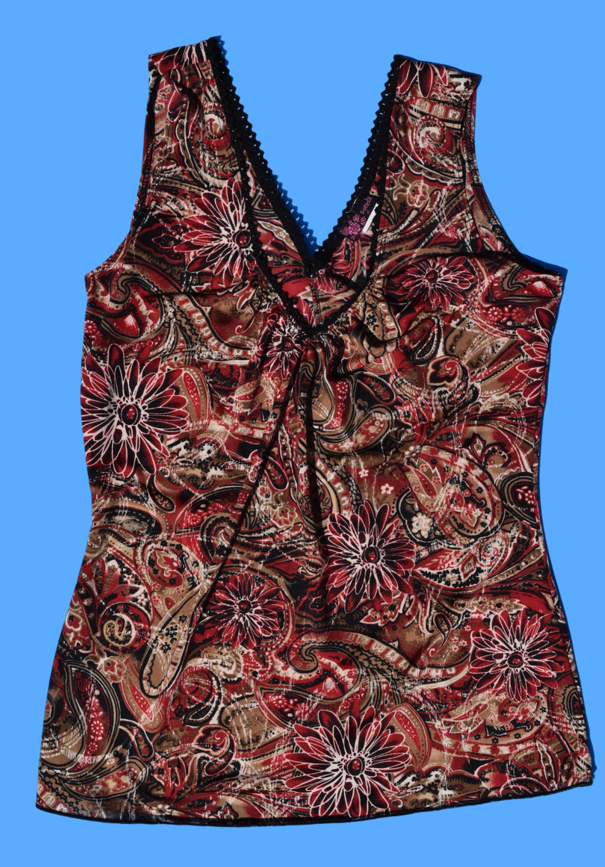 2000s Y2k Sleeveless Mesh V-Neck Red Paisley Floral Lace Trim Tank