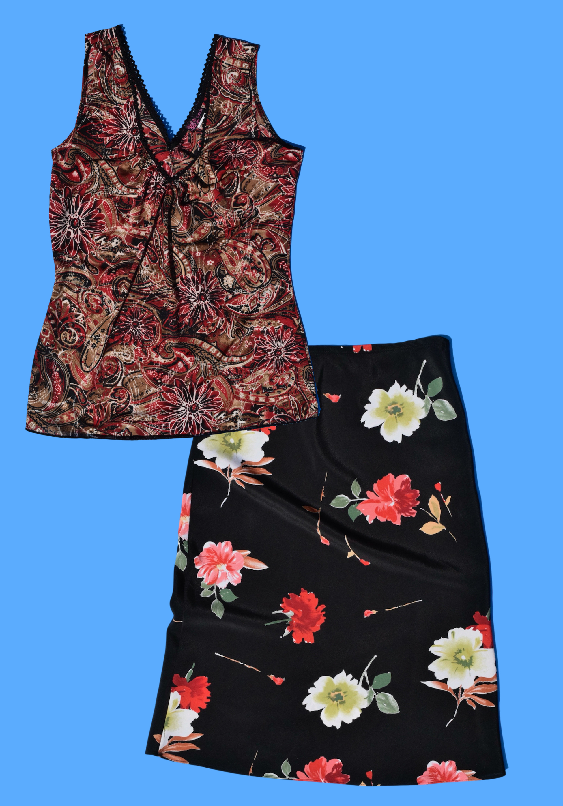 2000s Y2k Sleeveless Mesh V-Neck Red Paisley Floral Lace Trim Tank