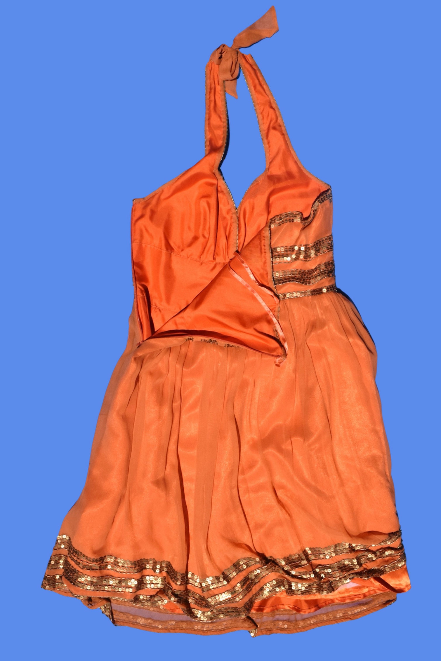 2000s Orange Silk Sequin Halter Dress