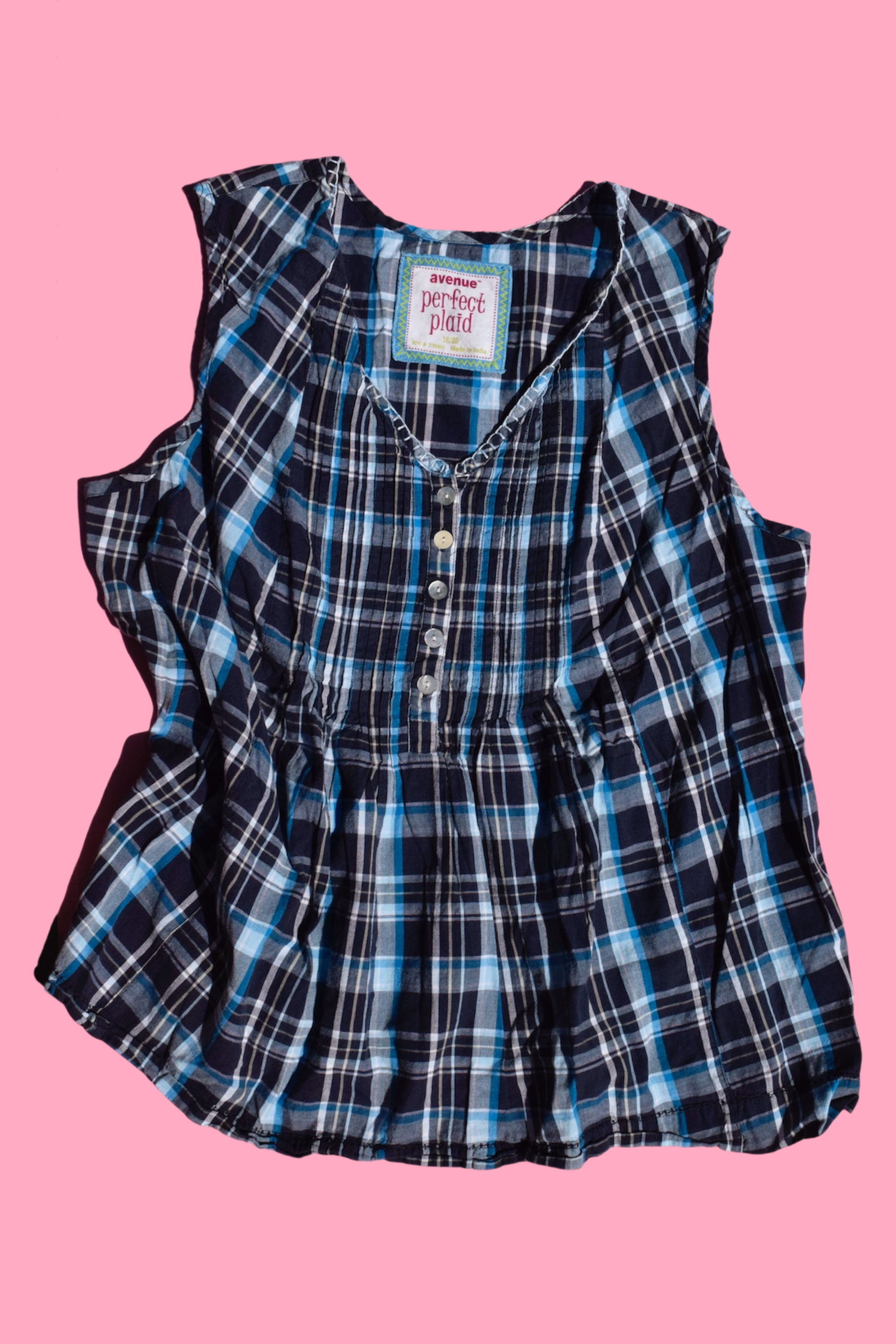 Blue Plaid Two-Piece Sleeveless Button-Down Top & Matching Shorts Set