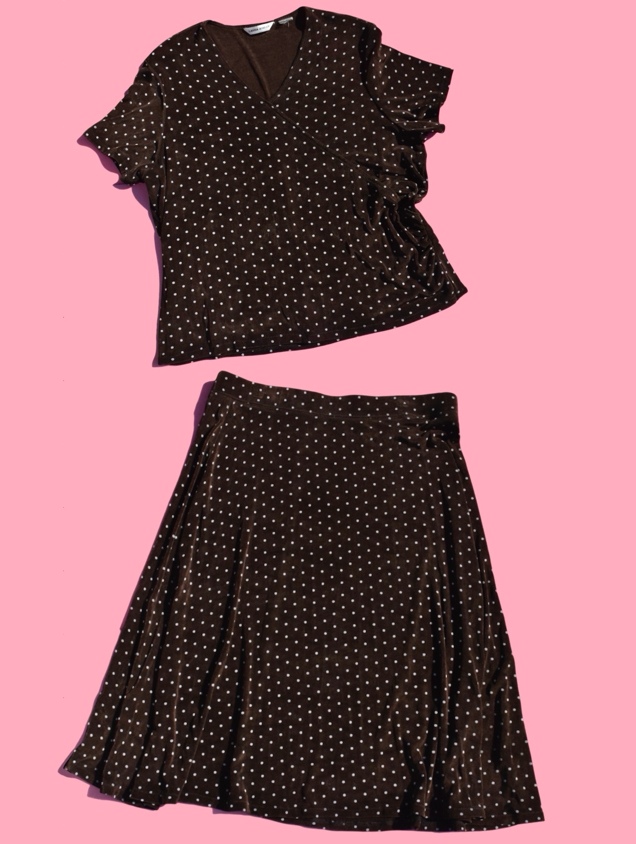 2000s Slinky Brown Polka Dot Skirt & Top Set