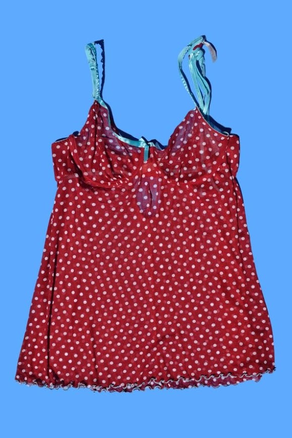 Y2K 2000s Red Polka Dot Sheer Mesh Babydoll & Thong Set with Teal Trim