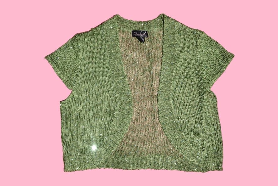 Green Sparkle Open Front Knit Shrug