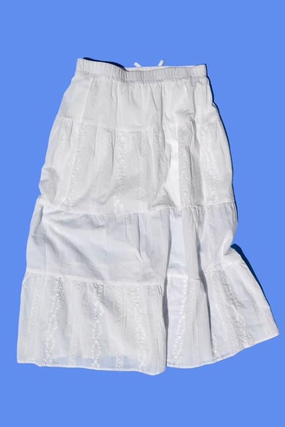 White Cotton  Embroidered Tiered  Midi Length Skirt 