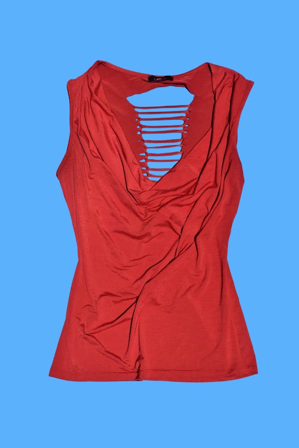 2010s Red Cowl Neck Shredded Draped Tank Top