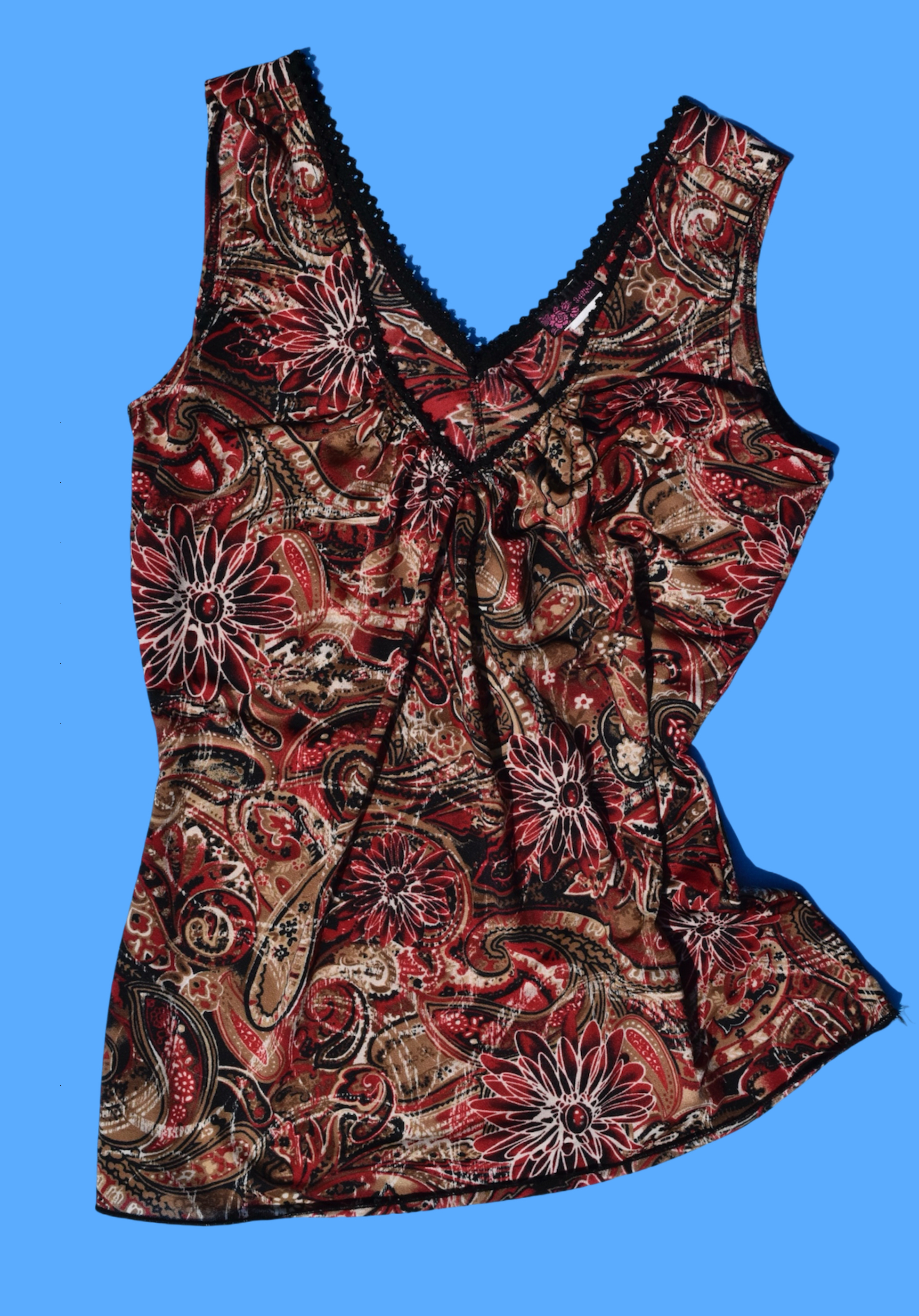 2000s Y2k Sleeveless Mesh V-Neck Red Paisley Floral Lace Trim Tank