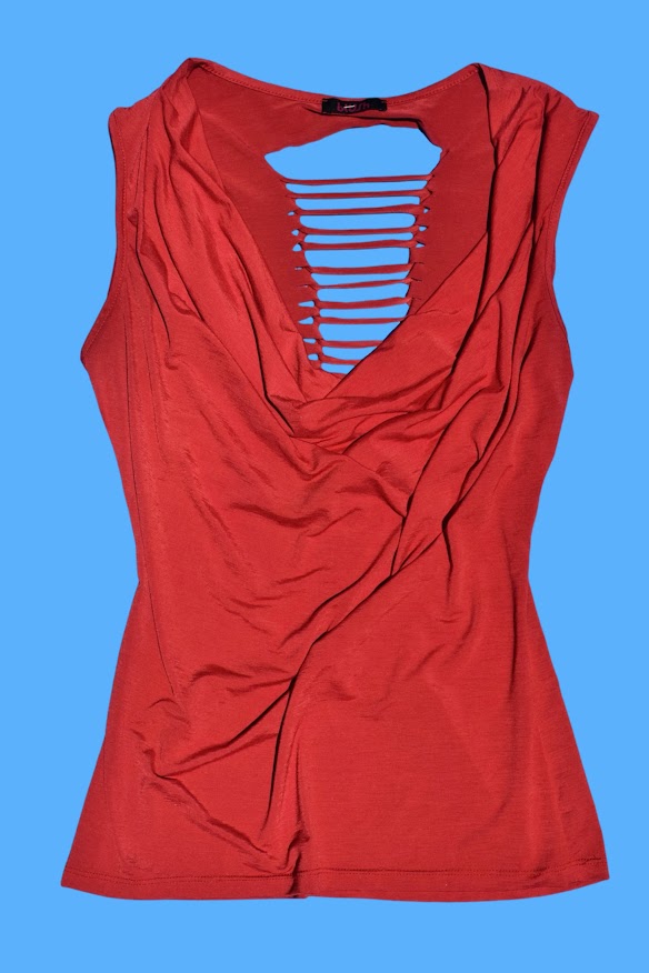 2010s Red Cowl Neck Shredded Draped Tank Top