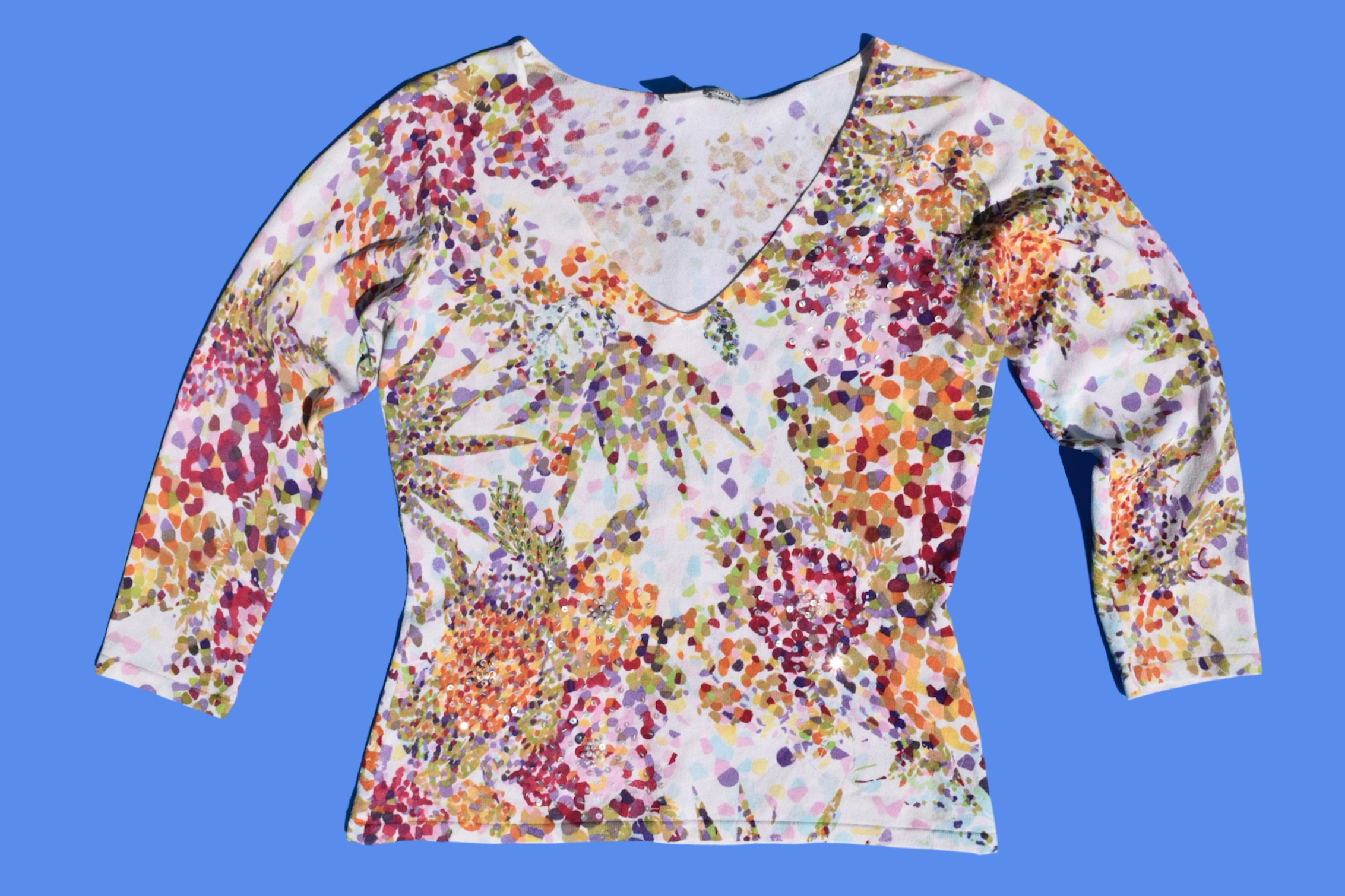 Y2K 2000s Multicolor Abstract Floral Knit Top with Quarter Length Sleeve